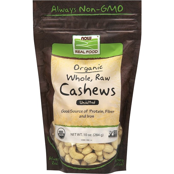 NOW Foods, Certified Organic Cashews, Whole, Raw and Unsalted, Rich Buttery Flavor, Source of Fiber, Protein and Iron, Certified Non-GMO, 10-Ounce