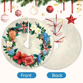 Mele Kalikimaka Hawaiian Christmas Tree Skirts – 36 Inch Xmas Tree Mat with Tropical Wreath Design, Classic Holiday Decoration for Artificial & Real Trees, Festive Christmas Décor