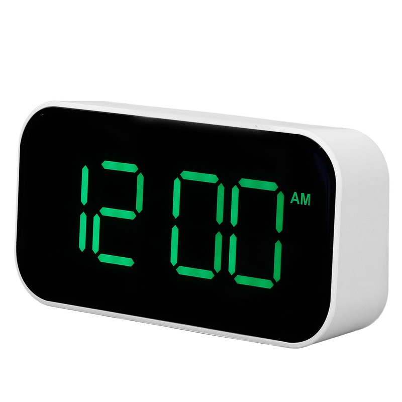 LED Digital Alarm Clock Brightness Adjustable 12/24Hr White Shell Green