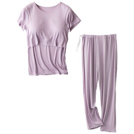 aromm Women Maternity Short Sleeves Nursing Shirts Tops and Long Casual Pants Breastfeeding Clothes Set Purple,L