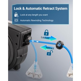 DEWENWILS Retractable Extension Cord Reel, 50 FT Heavy Duty Power Cord, 14AWG/3C SJTOW, 3 Grounded Outlets Lighted Triple Tap, 13 Amp Circuit Breaker, UL Listed