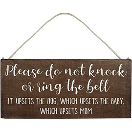 Baby Sleeping Sign for Front Door - Funny No Soliciting 12x6inch Hanging Wood Plaque - Please Do Not Knock or Don't Ring Doorbell Dogs Will Bark(XXQ107)