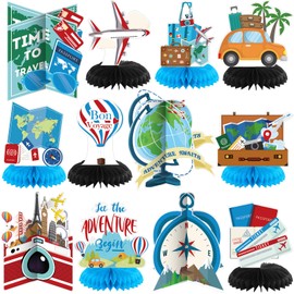Liliful 12 Pcs Travel Themed Honeycomb Centerpieces for Table Adventure Awaits Party Decor Bon Voyage Table Toppers Travel Around The World Decor for Going Away Farewell Party Supplies(Modern)