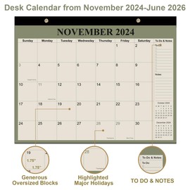 Desk Calendar 2024-2025 - 20 Months Calendar from November 2024 to June 2026, Calendar 2025-2026 with Thick Paper for Office Home School Organizing, 14" X 11", Green