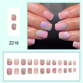 24 Pcs Colorful Flowers Press on Nails Short CEWEWP Fake Nails Square Stick on Nails Pink Glue on Nails Acrylic Nails Frosting with Design False Nails for Women Or Girl Manicure