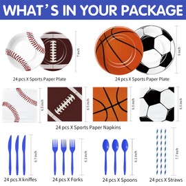 Owelleny Sports Birthday Party Decorations, Sports Theme Birthday Party Supplies, Paper Plate, Napkin, Cup, Tablecloth, Banner, Cupcake Topper, Cutlery, Sports Birthday Table Decorations, Serves 24