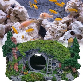 BAIFULAI Aquarium Decoration, 16.5 x 11 x 11 cm Hobbit Castle Accessories Made of Polyresin, Aquarium Rock Cave Decoration, Fish Tank Accessories, Hiding Place Decoration Cave for Fish Tank