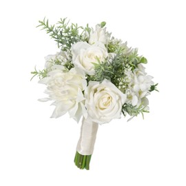 YSUCAU White & Greenery Bridesmaid Bouquets for Wedding, 7 Inch Bride Bridal Bouquet Tossing Rustic Bouquet for Vintage Wedding Ceremony Anniversary, Set of 4