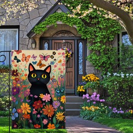 Spring Cat Garden Flag 12x18 Inch Double Sided Summer Butterfly Colorful Floral Flower Yard Outdoor Flag House Holiday Outside Decoration Burlap