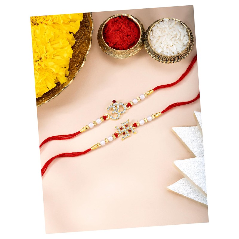 Aheli Crystal & Beads Studded Swastik & Om Rakhi for