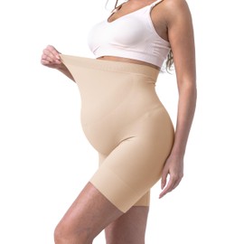 SUNNYBUY Women's Maternity Shapewear for Dresses, Seamless Mid-Thigh Pregnancy Underwear Over Belly Support, Black&Skin L