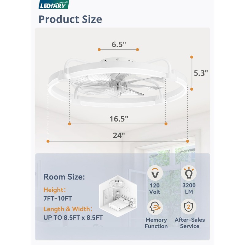 LEDIARY Ceiling Fans with Lights and Remote, 24'' Low Profile