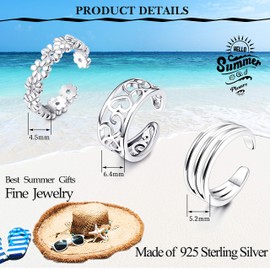 MILACOLATO 3Pcs 925 Sterling Silver Toe Rings for Women 18K White Gold Plated Daisy Cuff Band Open Toe Rings Adjustable Toe Rings Summer Beach Foot Jewelry