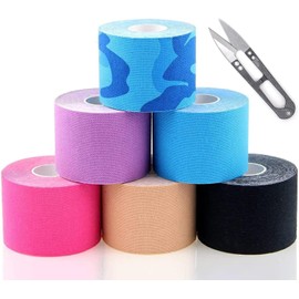 Cinta Kinesiologica con Cortador 6 Rollos, 5CM * 5M Vendaje Muscular Resistente al Agua, Cinta Kinesiology Respirable Deportiva, Terapéutica de Kinesiología Profesional, Tape Kinesiologico Sin Látex