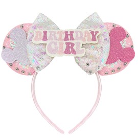 Trnerm Birthday Headband Mouse Ears Headband Birthday Decorations Princess Birthday Favors Pink Sequin Bows Cute Headband Birthday Decorations