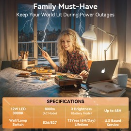 BoRccdit KeepLit 8PK Emergency Rechargeable Light Bulbs, 48H Battery Backup, 3 Brightness Levels, 12W 65W Equivalent A19 LED Bulb Auto-On During Power Outage for Hurricane, Emergency Use (Soft White)