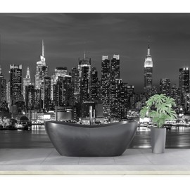 YQWDMX - Black and White City Night View Wallpaper for Bathroom Background Wall Decor (Not Peel and Stick)