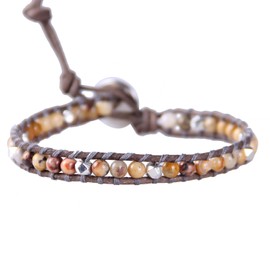 Kelitch Turquoise Beads Wrap Bracelet Natural Leather Adjustable Bracelets Crystal Beads Link Bracelets, Silver Plated