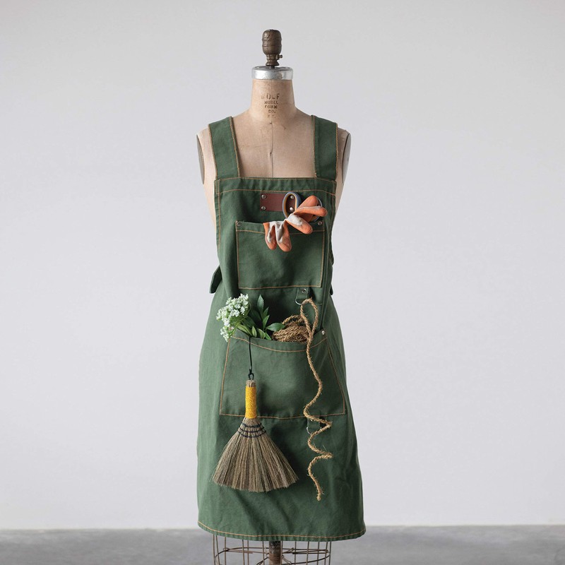 Cotton Canvas Cross Back Apron with Pockets & Rivets, Green
