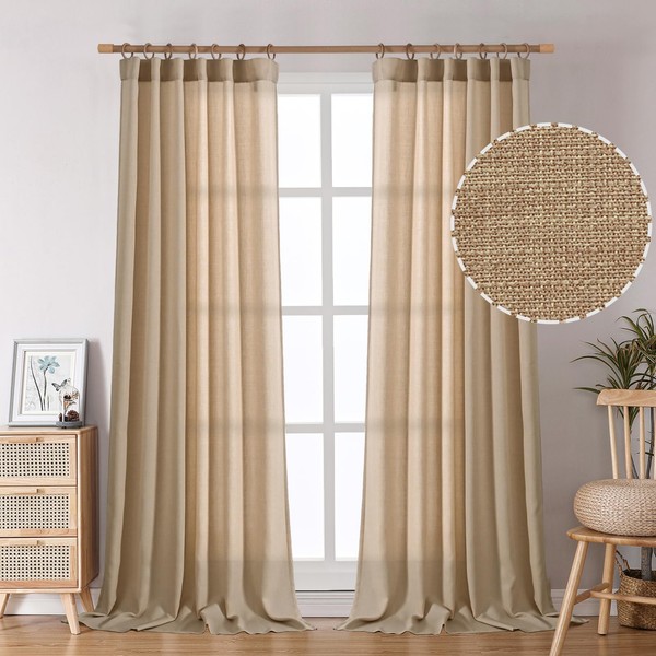 BGment Natural Faux Linen Curtains for Bedroom, Rod Pocket and Back Tab Linen Semi Sheer Drapes Light Filtering Privacy Window Treatments Curtains for Living Room, 2 Panels, 52 x 84 Inch, Natural
