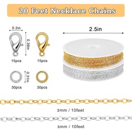 SANNIX 20 Feet Necklace Chains 3mm Jewelry Making Chains for Necklace Earring Bracelet Jewelry Making Supplies, Metal Chain Necklace with Lobster Clasps and Jump Rings for DIY Craft, Silver & Gold