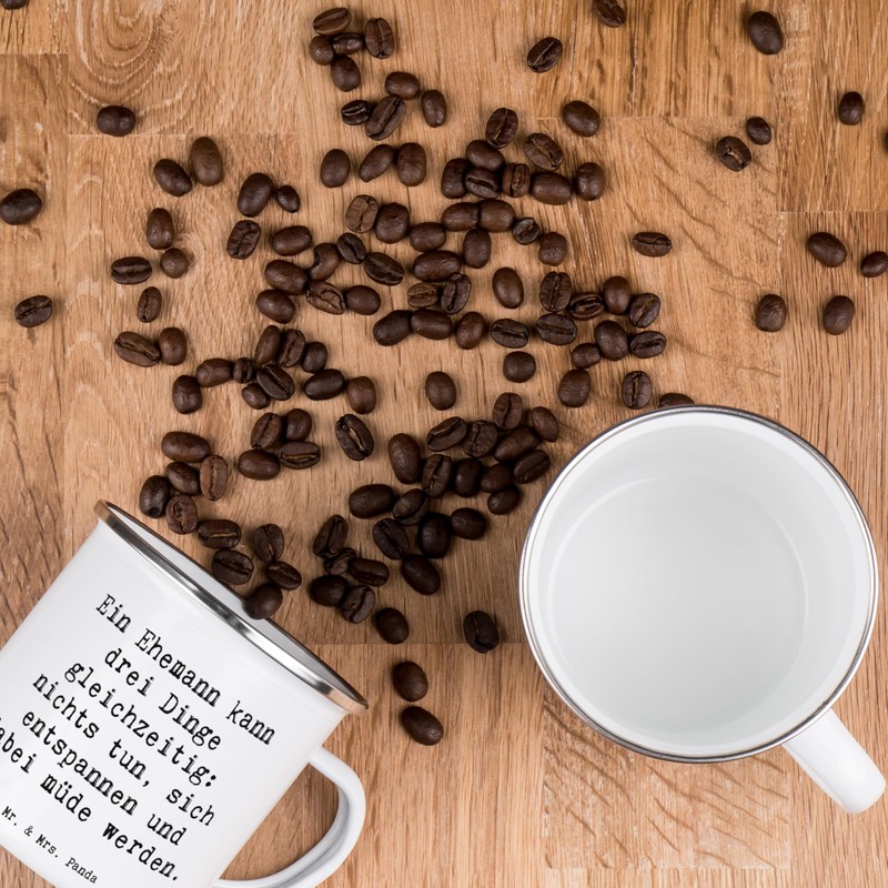 Mr. & Mrs. Panda Camping Emaille Tasse Spruch Ehemann Fähigkeiten