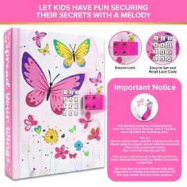 Decorably Glittery A5 Cat Diary for Girls Ages 6-8 with Lock and Music, 160 Notebook Journal Pages with USB Charging Cable, Gift for Kids