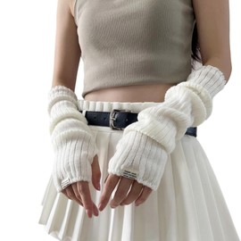 Arm Warmers for Long Sleeve Fingerless Y2K Cool Girls Warm Black White Gothic Skateboard Punk Hip Hop Knitted (White)