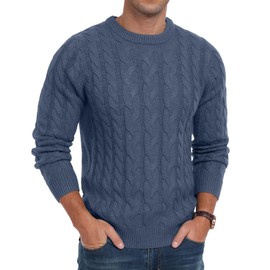 Askdeer Men's Crewneck Pullover Sweater Chunky Cable Knit Sweater Classic Casual Sweaters with Ribbing Edge Denim Blue