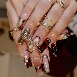 24Pcs Handmade Press on Nails Long Square Fake Nails 3D Gold Chrome Acrylic Nails Artificial Pearl Flower Rhinestones Glue on Nails French Stick on Nails Glossy False Nails for Women Fall Manicure