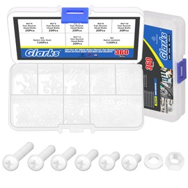 Glarks 360pcs M2 x 4/5/6/8/10/12MM Nylon Phillips Pan Head Screws Nut Washer Kit, White Nylon Phillips Cross Round Head Machine Screw for Various Industrial Fastening Applications