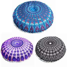 Bohemian Round Cushion Cover, Hippie Decorative Round Cushion Cover, Floor Cushion Cover, Made of Cotton, Yoga Decoration, Comfortable Accent Item for Your Living Room, Bedroom, Seating Area, 80 cm