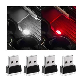 Yourkar 4 PCS USB LED Car Interior Atmosphere Lamp, Plug-in USB Interface Trunk Ambient Lighting Kit, Night Led Decoration Mini USB Light, Universal Interior Car Accessories (White+Red)