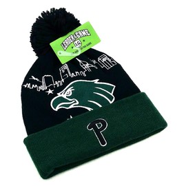 Philadelphia New Leader P Philly City Skyline Liberty Bald Eagle Head Black Green Era Knit Toque Beanie Cuff Pom Hat Cap