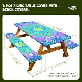 Picnic Table Cover with Bench Covers, 3 Pcs Waterproof Camping Essentials Tablecloth, Picnic Table Covers with Elastic Fitted Tablecloths for 6 Foot Rectangle Tables (Style13)