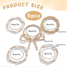 TELAIN Bracelet Ladies Gold, Set Of 5 With Adjustable Size, Lightweight Gold Bangle Made Of Imitation Pearls For Elegant Style And Various Occasions