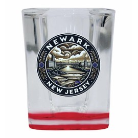 R and R Imports Newark New Jersey Souvenir 2 Ounce Shot Glass Square Red Base Single