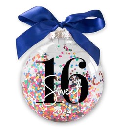 16 Sweet Sixteen Birthday Christmas Ornament, Multi-Colored Glitter Confetti Inside, Milestone Keepsake Decoration for Teen Girls