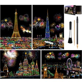 Rainbow Scratch Art Painting Paper (A4) for Adult & Kids, Night View Scratchboard, Engraving Art Set: 4 Sheets Scratch Cards & Clean Brush, Drawing Pen (Eiffel Tower/Big Ben/Moscow/Burj Khalifa)