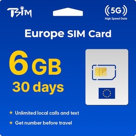 TSIM Europe SIM Card 30 Days 6GB | Unlimited Local Calls and Text | Get Number Before Travel | 30+ Countries Austria, France, Germany, Italy, Switzerland, Spain, UK