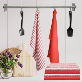 Gratico Kitchen Towels Red/White Stripes Dish Towels Set of 6 Quick Drying Kitchen Towels Highly Absorbent 100% Cotton Size 18x28 Inches with Hanging Loop Kitchen Dish Towels Tea Towels