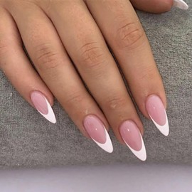 Press on Nails - 24pcs Almond False Nails - Nude Pink French Tip False Nails - 12 Sizes Stick on Nails for Women - Medium Length Glue on Nails - Elegant White Tips Design Acrylic Fake Nails