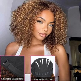 12 inch Afro Kinkycurly Wear and Go Glueless Wig Ombre Highlight 4/27 Wigs Pre Cut HD Lace Wig human hair Pre Plucked,Natural Hairline for Women 200% Density