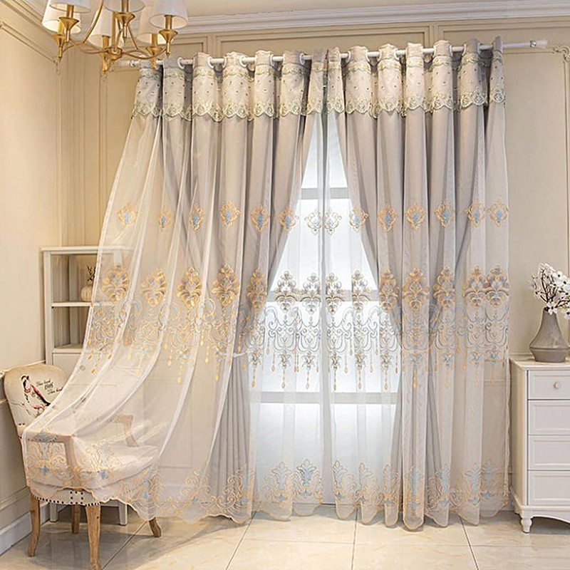 Amidoudou 1 Pair European Curtains with Valance Attached Double Layer
