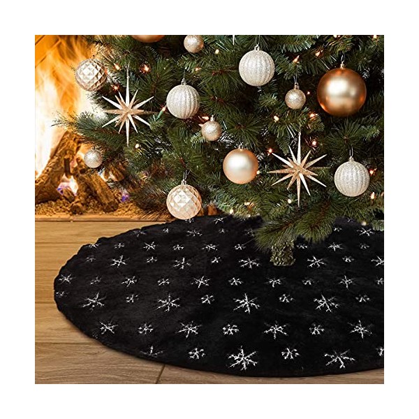 yuboo Black Fluffy Christmas Tree Skirt,Fur Tree Rug with Silver
