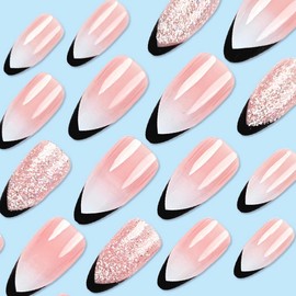 BABALAL Press on nails Almond Medium Fake Pink Nails Black French Tip Glues-on Nails, Full Cover Acrylic Nails Art 24Pcs False Nails Glitter Bling Artificial Nails Supplies Diy Manicure Decoration