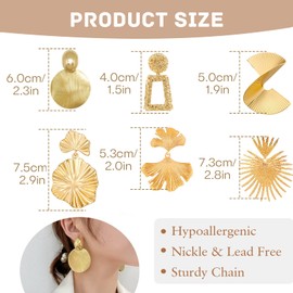 6 Pairs Golden Statement Stud Earrings for Women, Geometric Leaf Earrings Piercing for Women, Gold Set Stud Earrings, Jewellery Gifts for Women, Unit size, Alloy Steel, No Gemstone