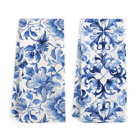 Gnmduw Chinoiserie Mediterranean Floral Kitchen Towels, Blue and White Flowers Hand Towels Set of 2, Grandmillennial Flower Hand Dish Tea Towel for Kitchen Bathroom Decor, 16x24 Inch