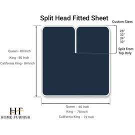Half Split King Fitted Sheet for Adjustable Beds - 34 Inch Top Split, 600 Thread Count 100% Cotton, Navy Blue Solid