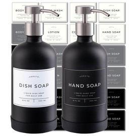 Verute 16oz Glass Soap Dispenser with Stainless Steel Pump, 21 Waterproof Labels, Non-Slip Protective Silicone Pad, Set of 2 for Bathroom & Kitchen (Matte Black Bottle/Brushed Silver Pump)